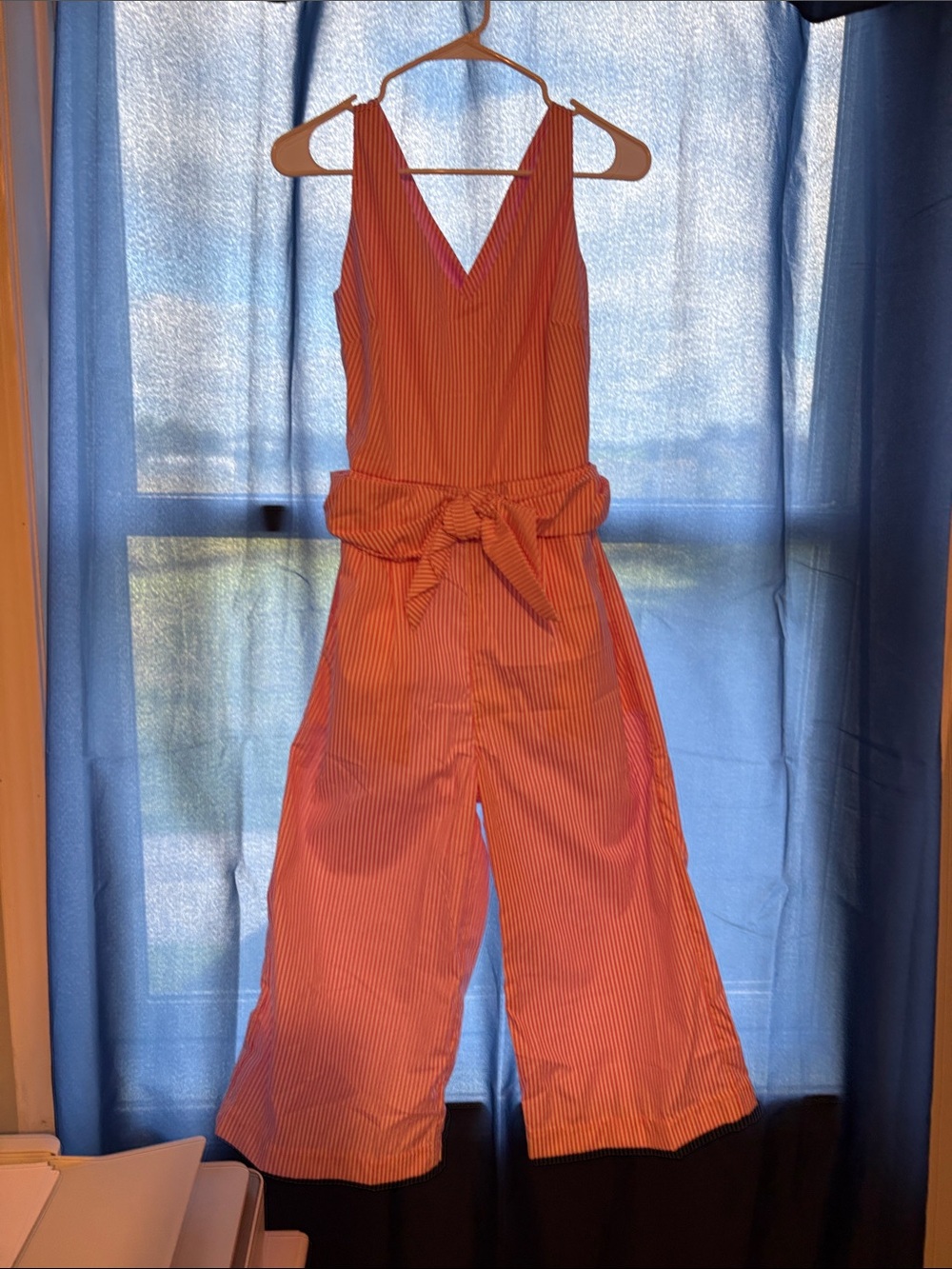 Gretchen Scott Designs pink and whit Striped Sleeveless V-Neck Wide-Leg Jumpsuit